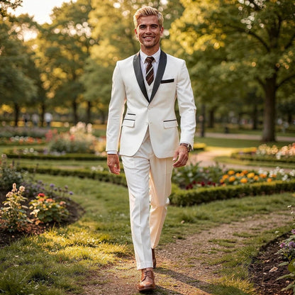 View of a tailored three piece suit set in charcoal gray, featuring a slim fit jacket, matching trousers, and a vest