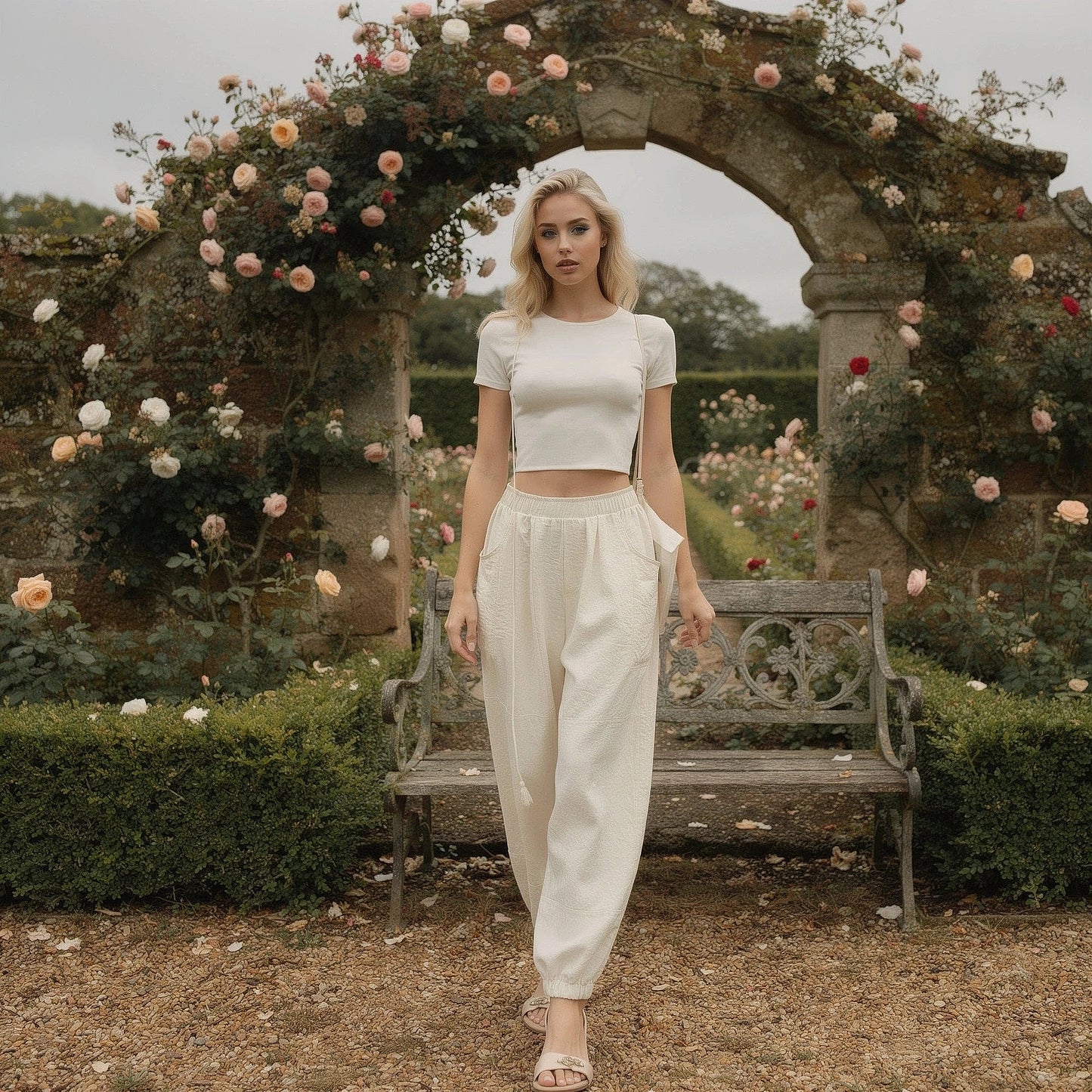 View of elegant high waisted wide leg pants in soft fabric, featuring a smooth waistband and flowing silhouette