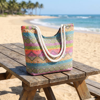 Close up of the Womens Versatile Summer Handbag showing the textured fabric, precise stitching, and design elements ideal for beach and casual outings.