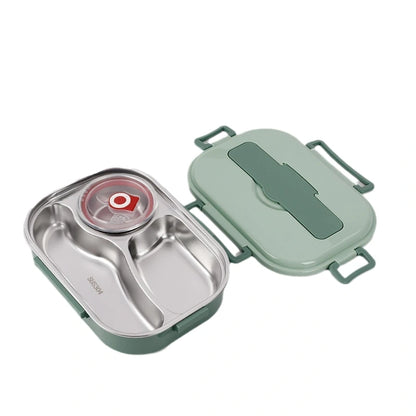 View of a modern stainless steel lunch box featuring a sleek design and insulated interior for temperature retention