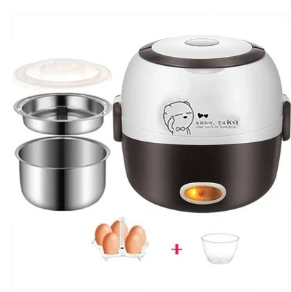 View of a stylish portable electric lunch box steamer in a sleek gray finish, showcasing the lid and steam vent