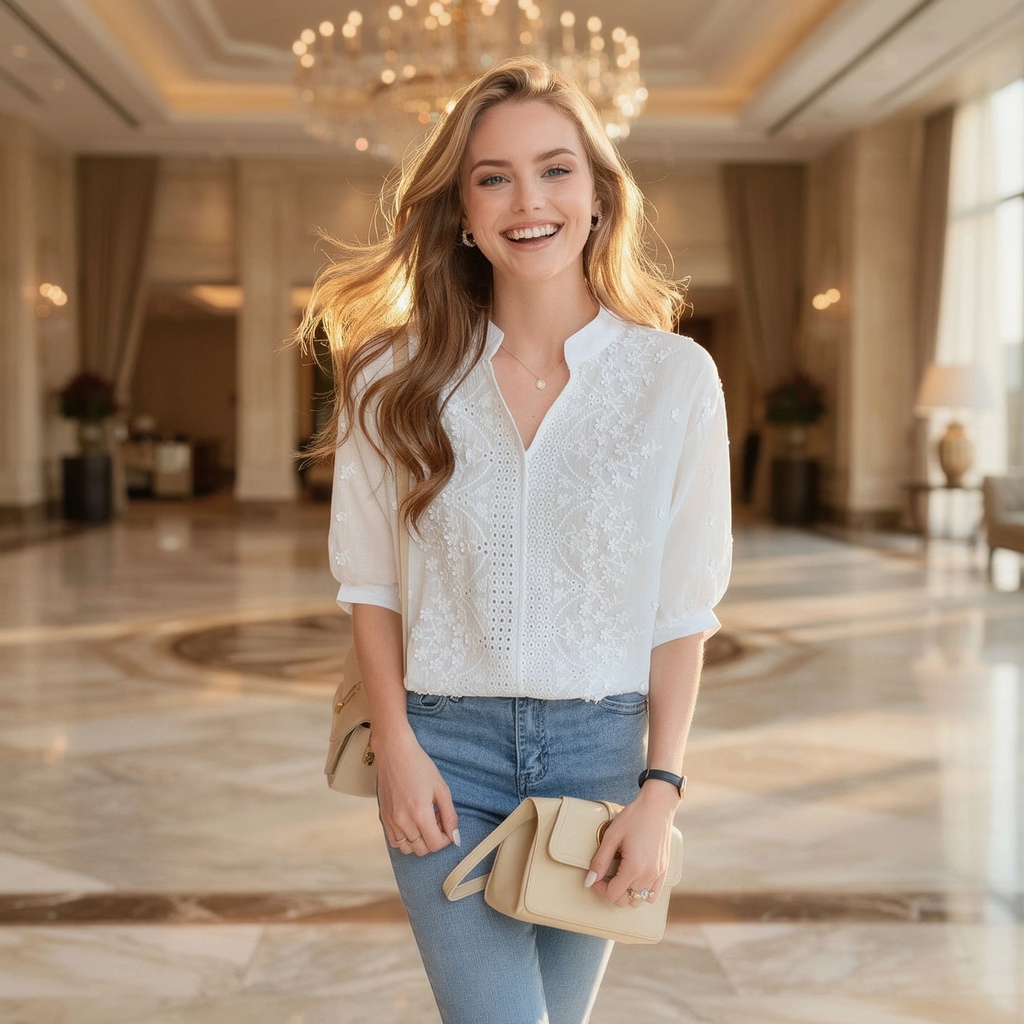 View of a light beige blouse featuring a V neckline and puff sleeves, made