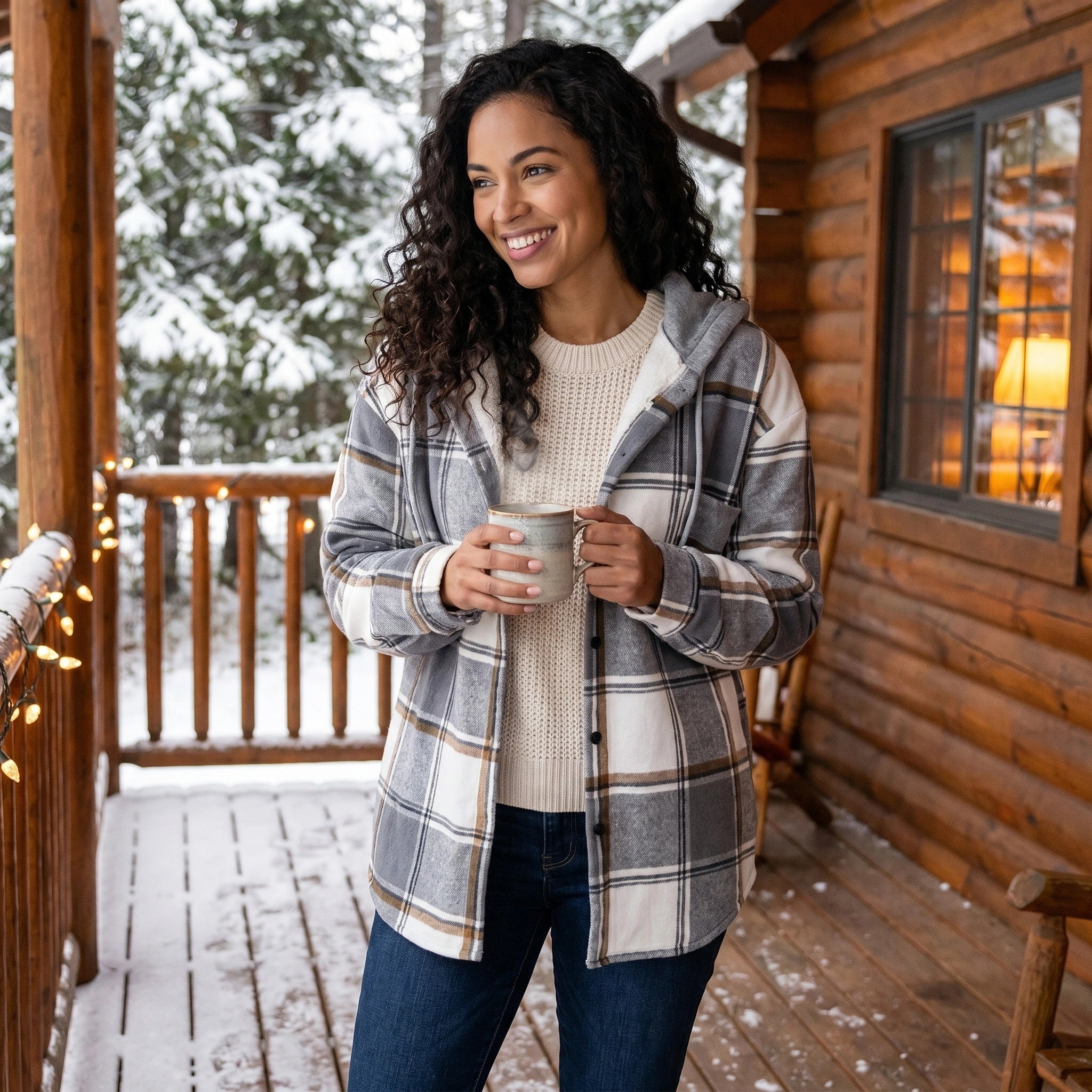 Close up view of the women's cozy casual winter jacket showing the soft plaid fabric, precise stitching, and hood , set against a neutral background.