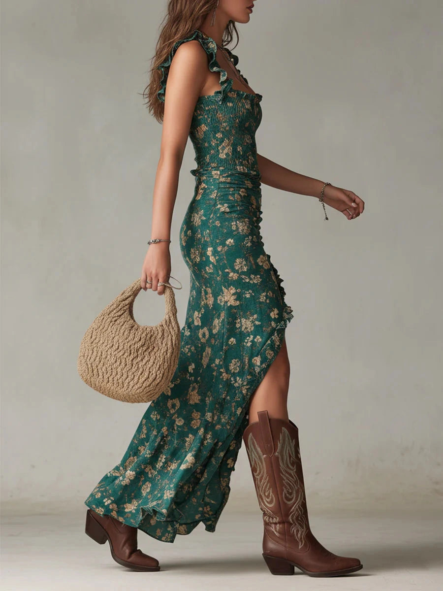 View of a long, elegant maxi dress featuring soft, ruched fabric in a deep burgundy color, perfect for formal occasions