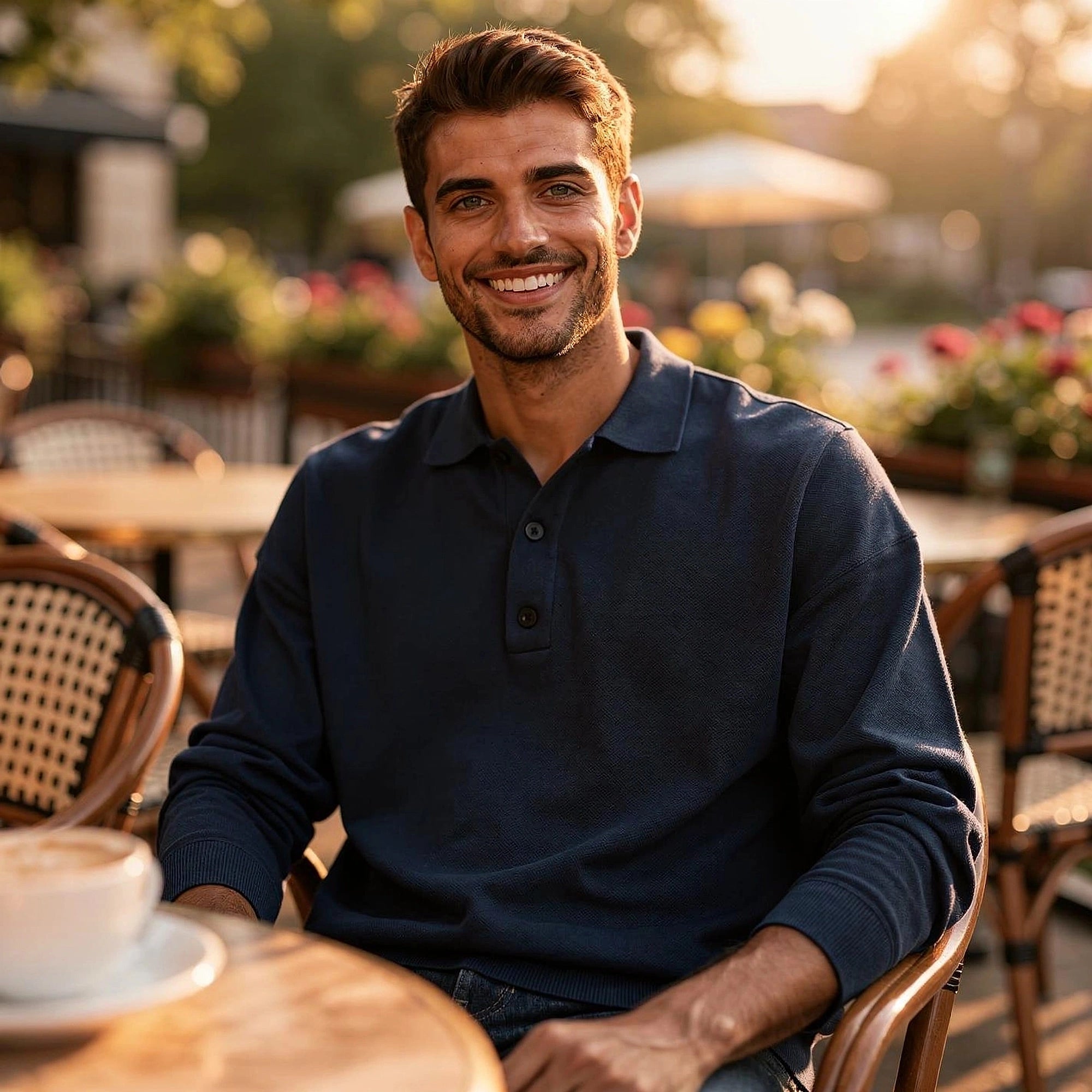 View of a comfortable casual knit polo shirt in light gray, featuring a relaxed fit and short sleeves
