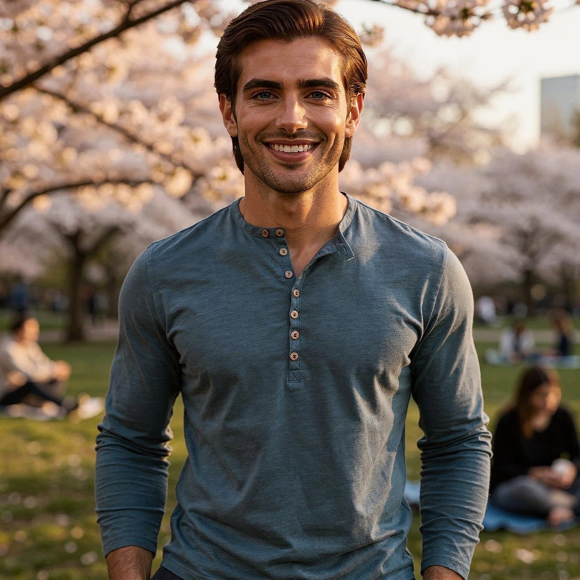 View of a light gray long sleeve henley shirt made of soft cotton, featuring a three button placket and ribbed cuffs