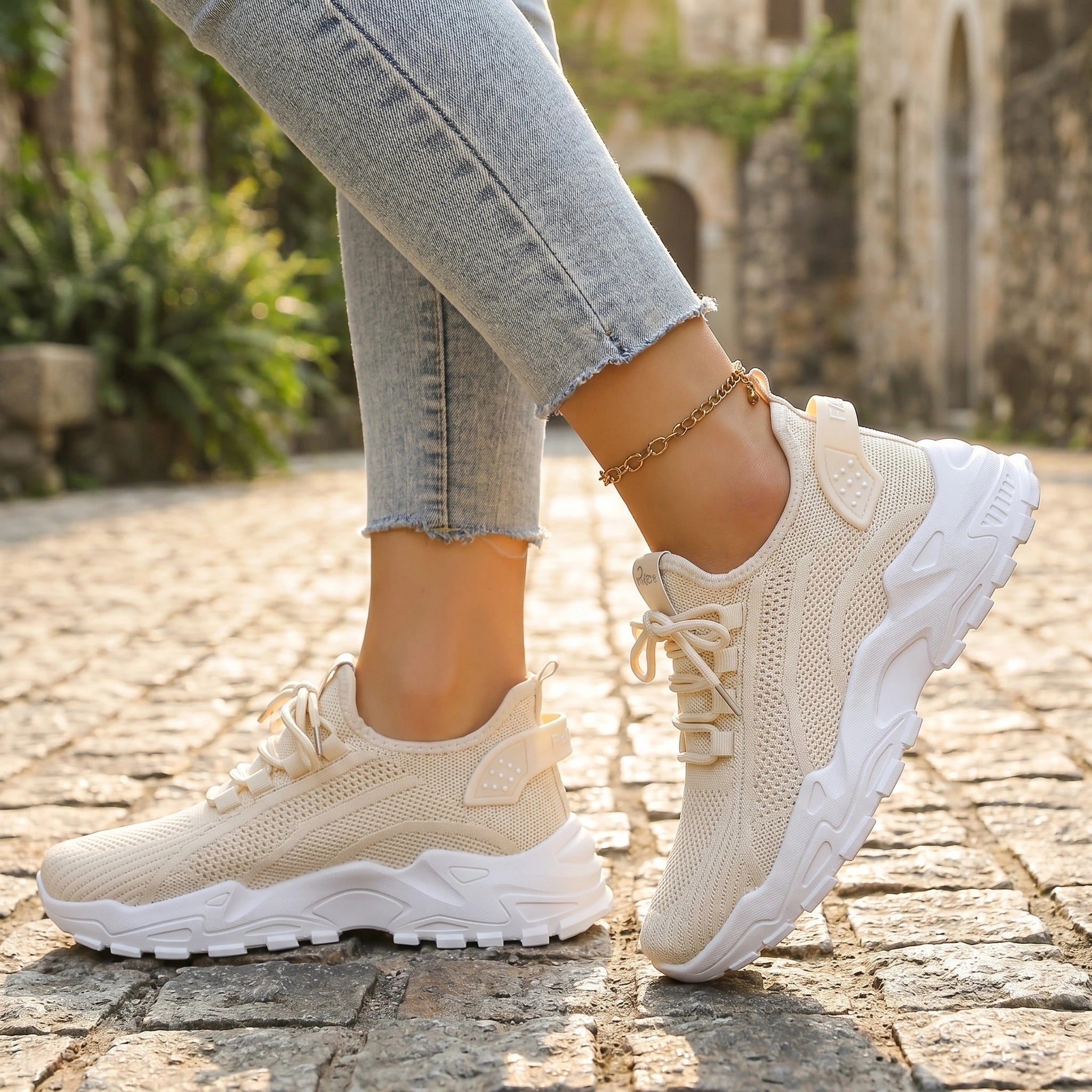 Close up view showing the breathable fabric and precise stitching of the Womens Effortless Supportive Orthopedic Sneakers, showing their comfort and design.