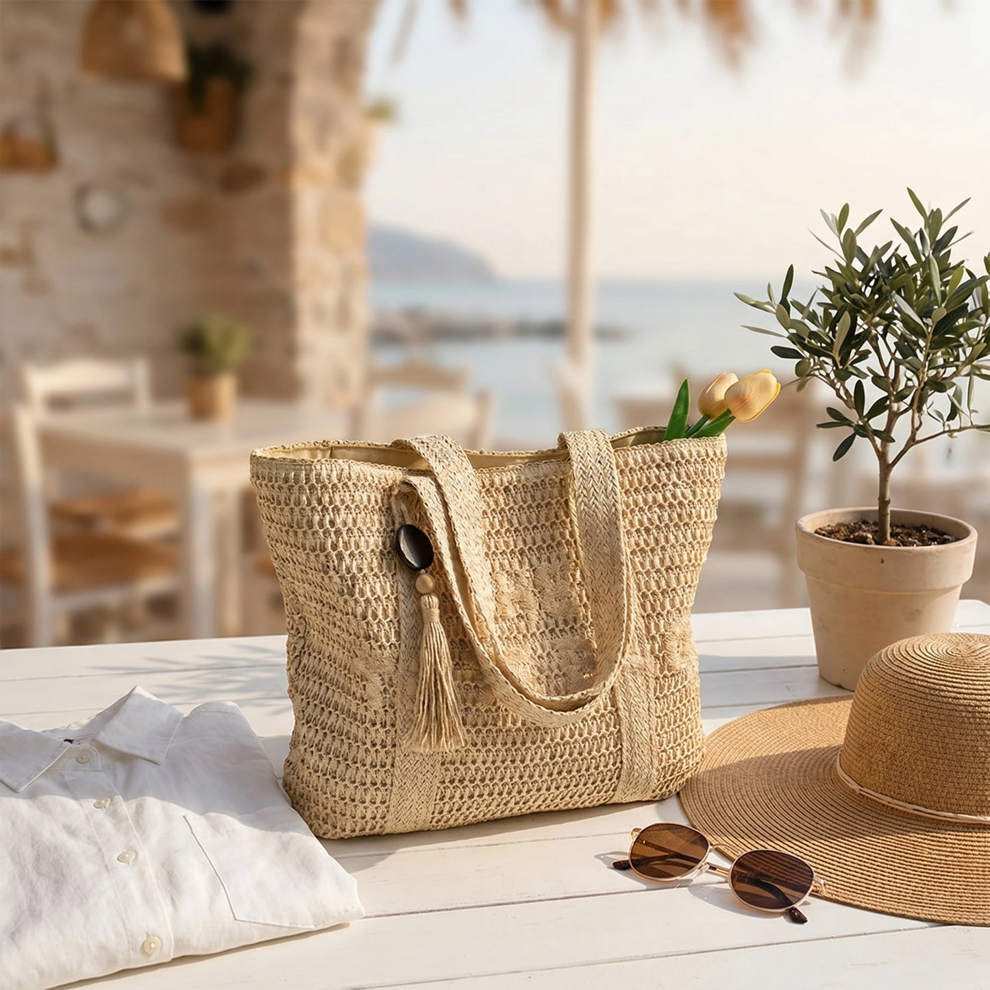 Close up of the woven straw tote bag showing intricate stitching and texture, set against a neutral background to highlight its design.