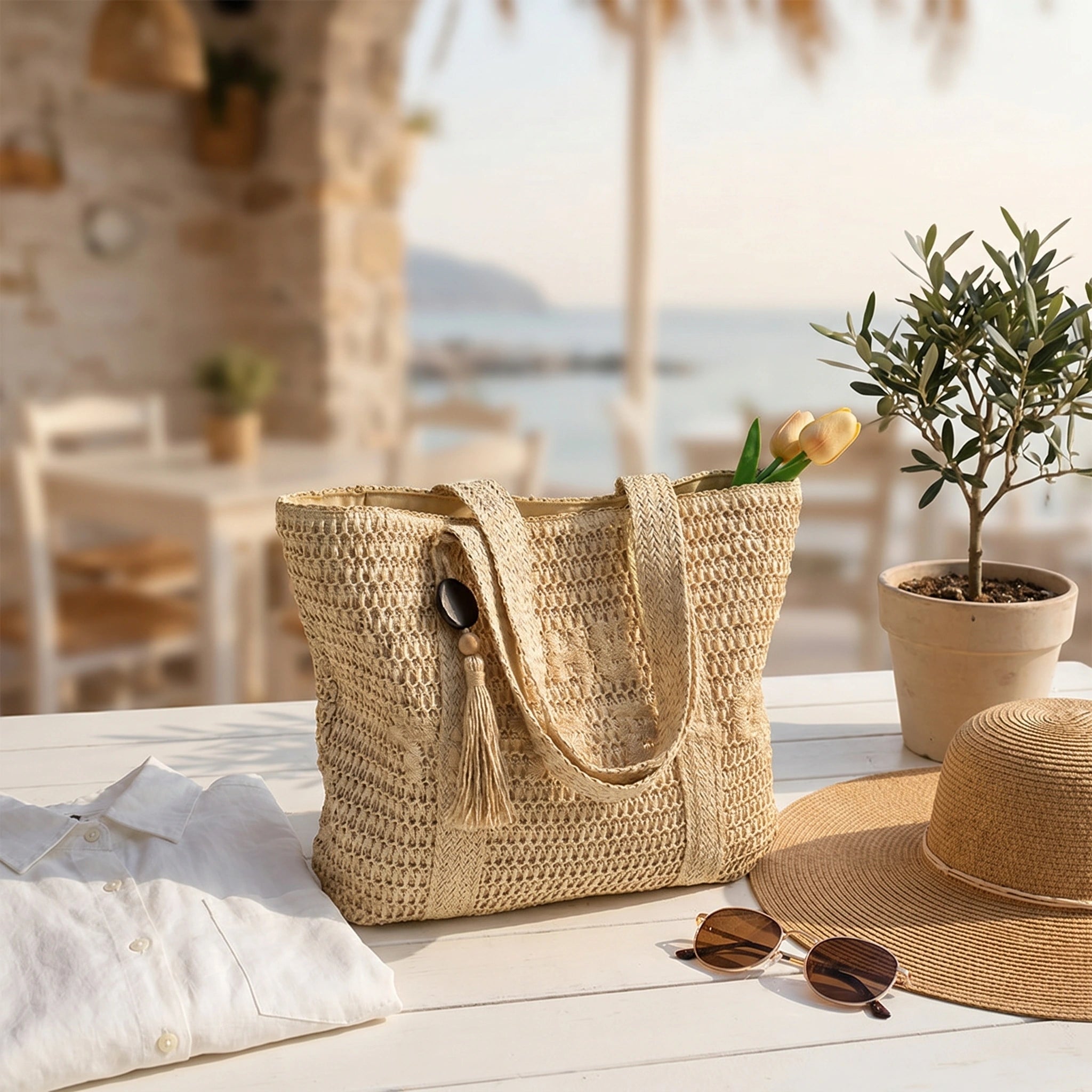 Close up of the woven straw tote bag showing intricate stitching and texture, set against a neutral background to highlight its design.