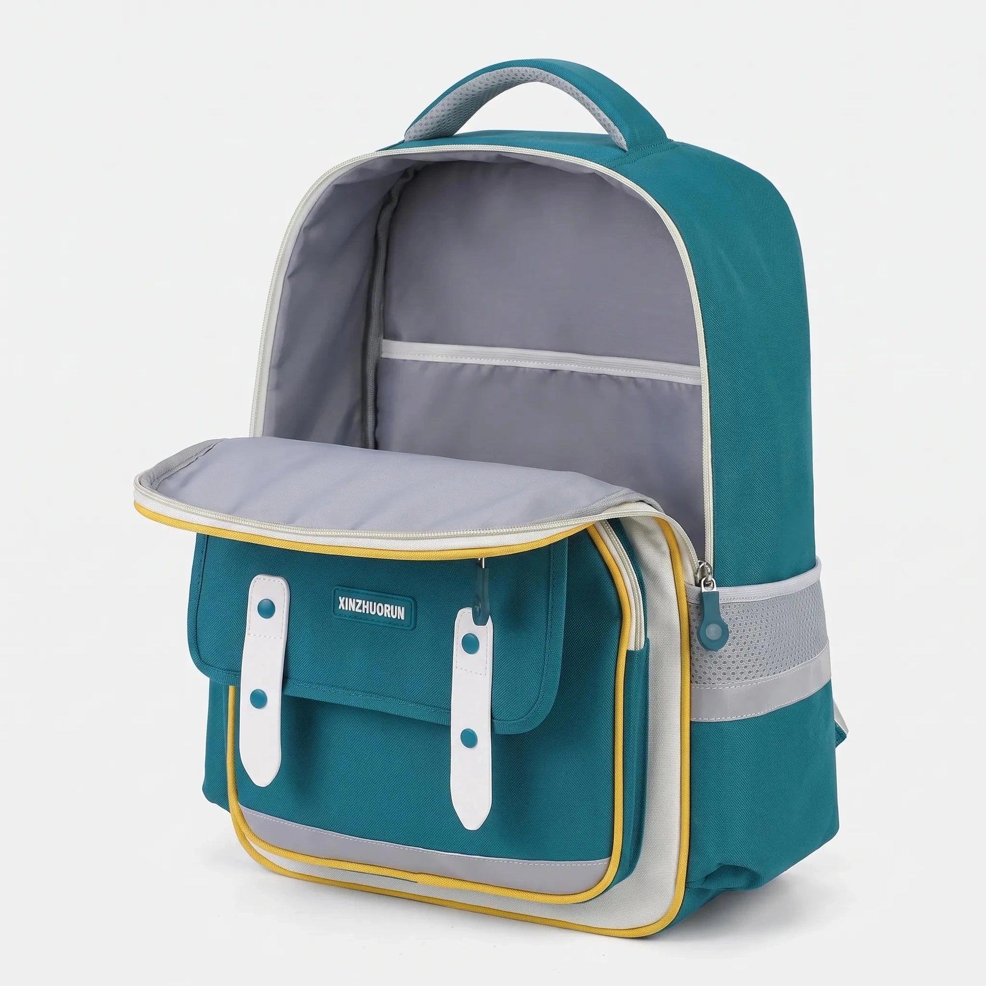 View of a stylish molded nylon school backpack for kids in vibrant blue, featuring adjustable straps and multiple pockets
