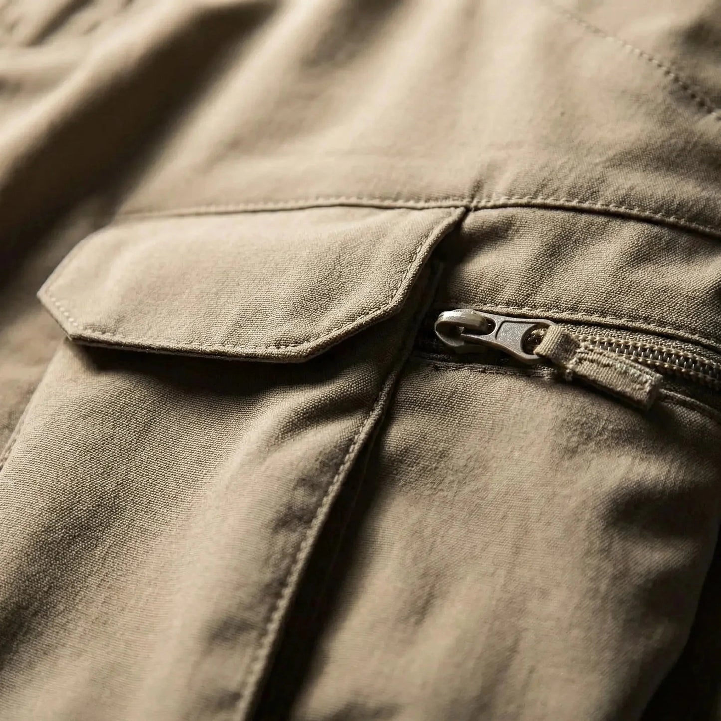 View of durable khaki cargo shorts featuring multiple pockets and a relaxed fit, perfect for outdoor activities