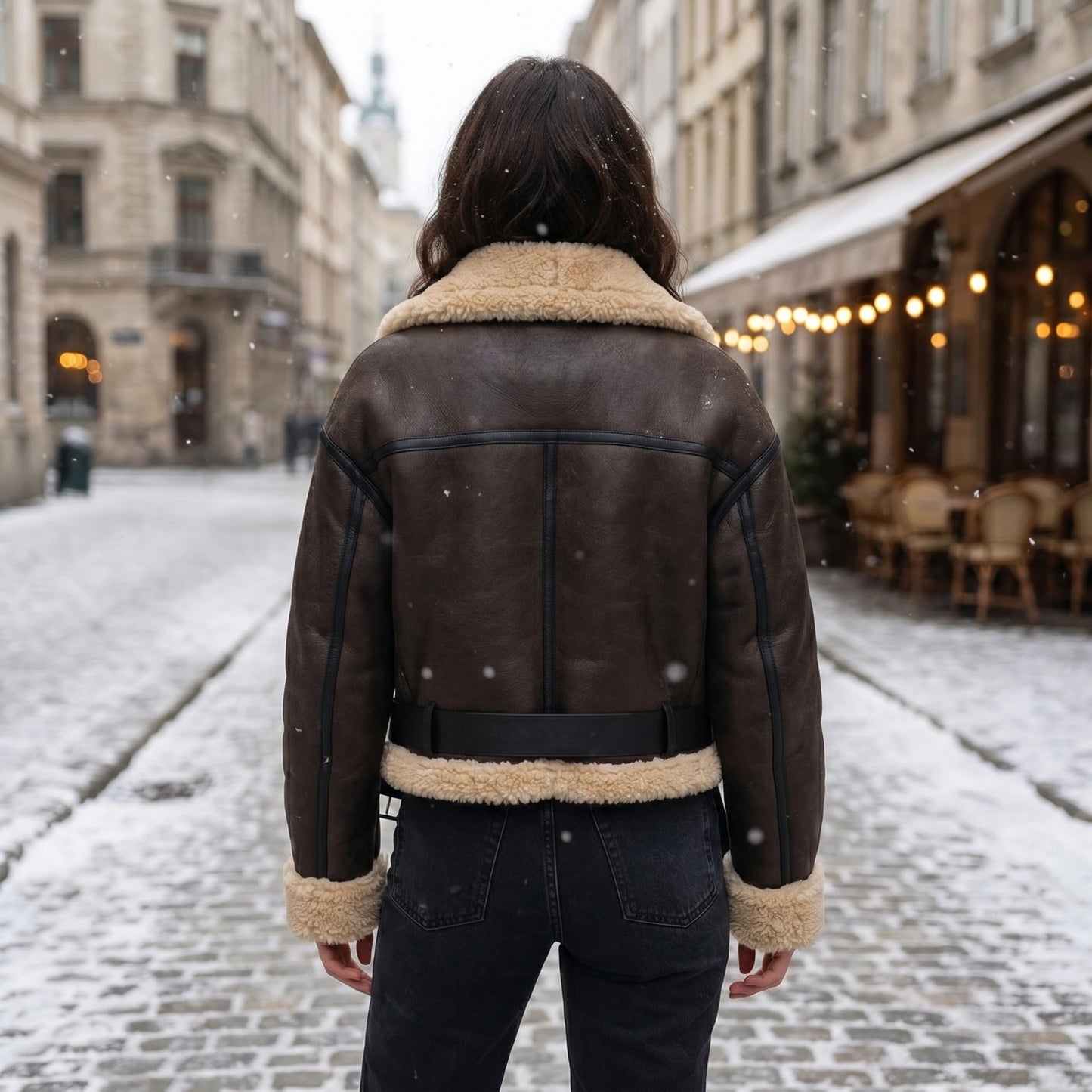 Back view of a model showing the Womens Faux Leather Winter Jacket in black, showing its sleek design and construction details against a neutral background.