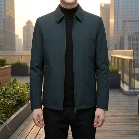 Close up view of the Men's Cozy Winter Jacket showing its luxurious fabric texture, refined stitching, and sophisticated design details against a neutral background.