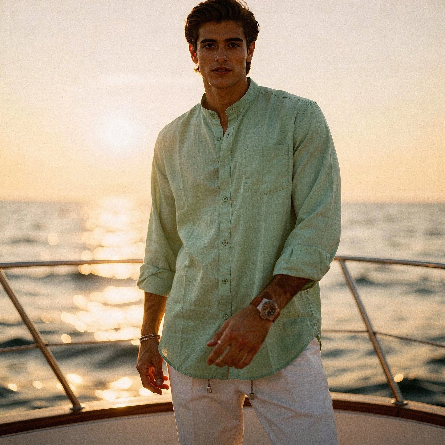 Lightweight summer henley shirt in light gray, featuring a button placket and short sleeves, view