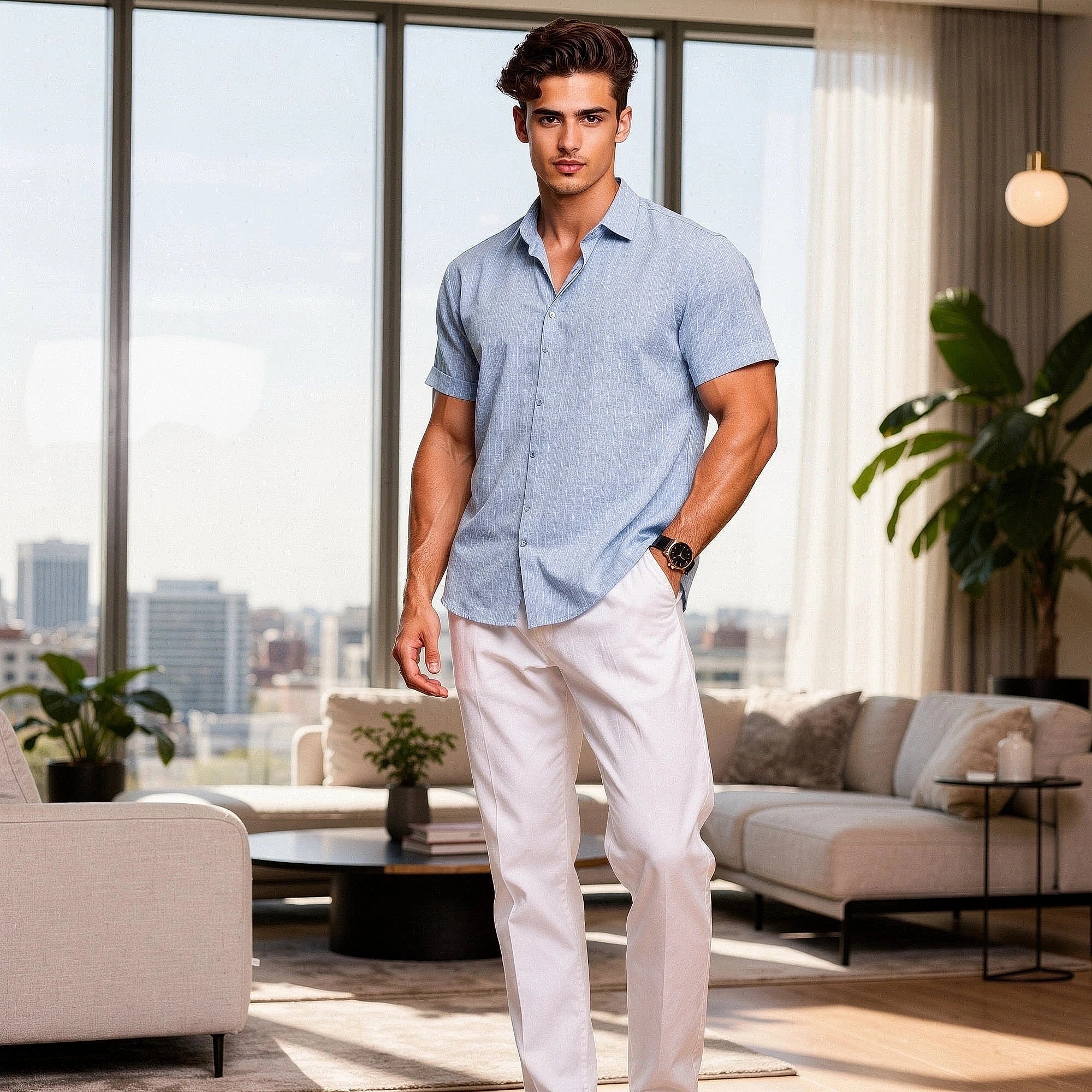 Light blue relaxed fit short sleeve shirt made of soft cotton, featuring a button down collar and chest pocket, view