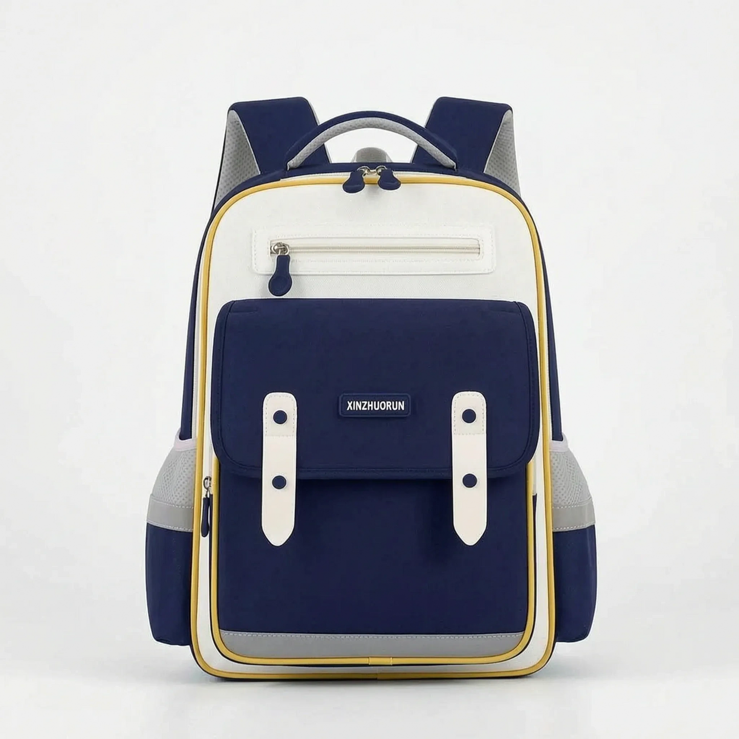 View of a stylish molded nylon school backpack for kids, featuring a vibrant blue color and adjustable padded straps