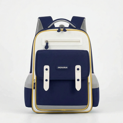 View of a stylish molded nylon school backpack for kids, featuring a vibrant blue color and adjustable padded straps