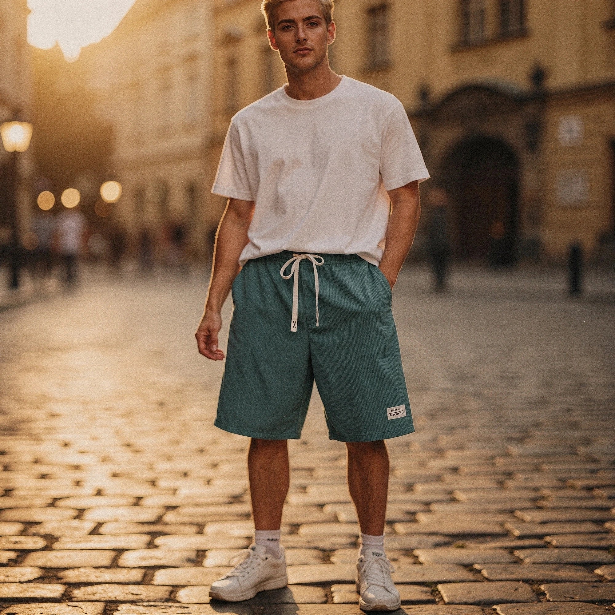 View of relaxed stretchy summer shorts in light gray, featuring an elastic waistband and pockets