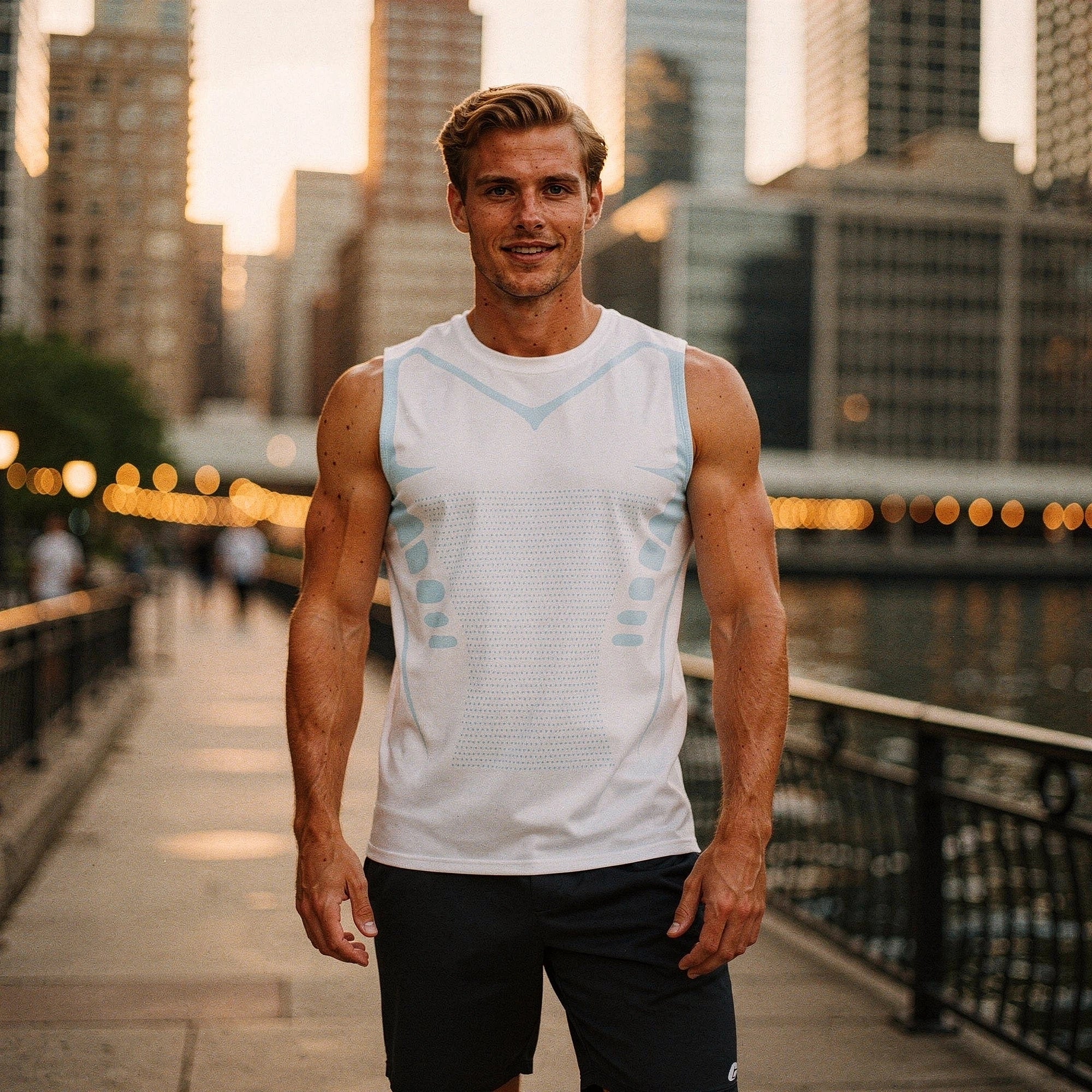View of a sleek black athletic tank top made from quick dry material, featuring a round neckline and sleeveless design