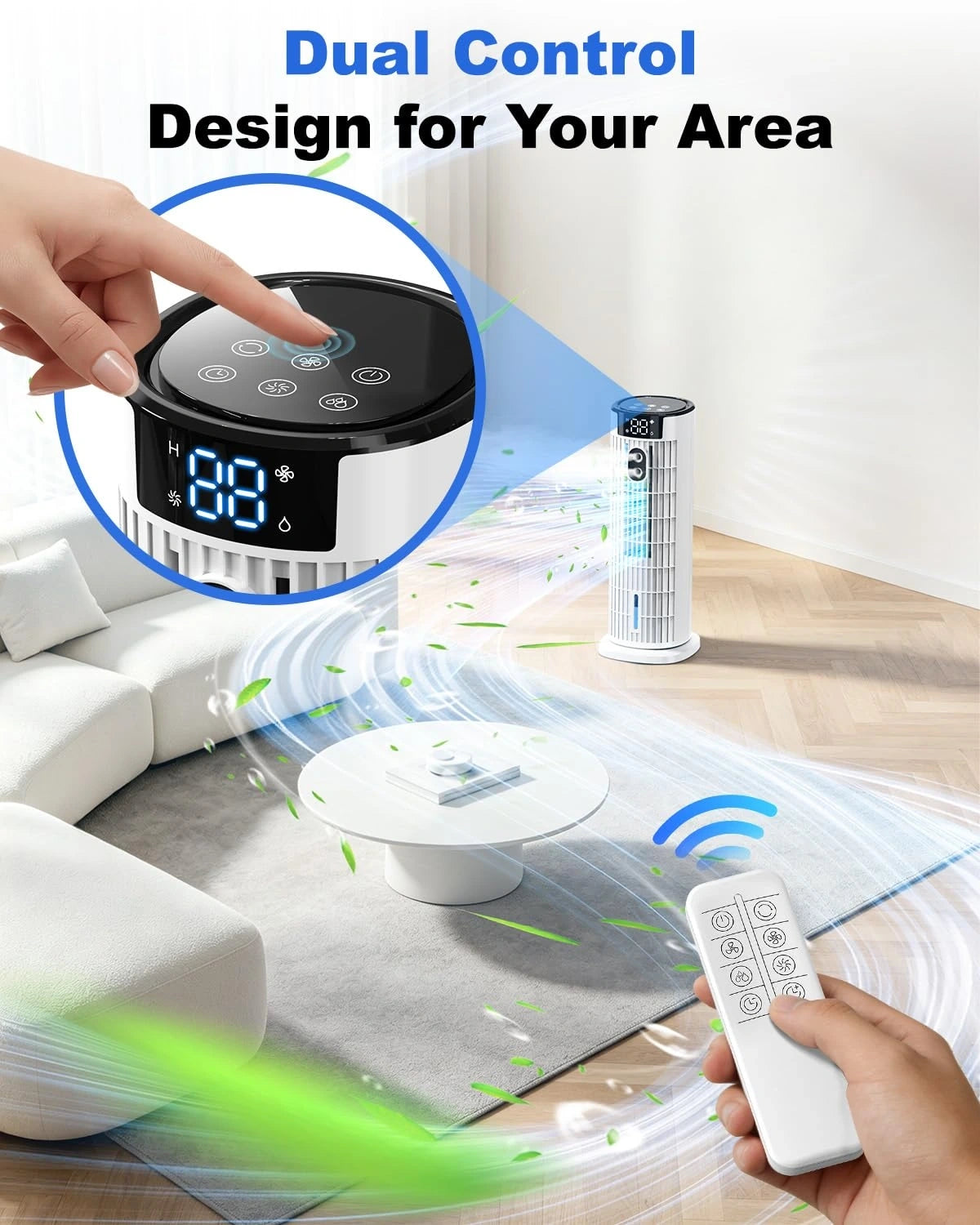 Of the air cooler's control panel highlighting user friendly buttons and remote control for easy adjustments