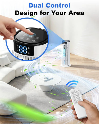 Of the air cooler's control panel highlighting user friendly buttons and remote control for easy adjustments