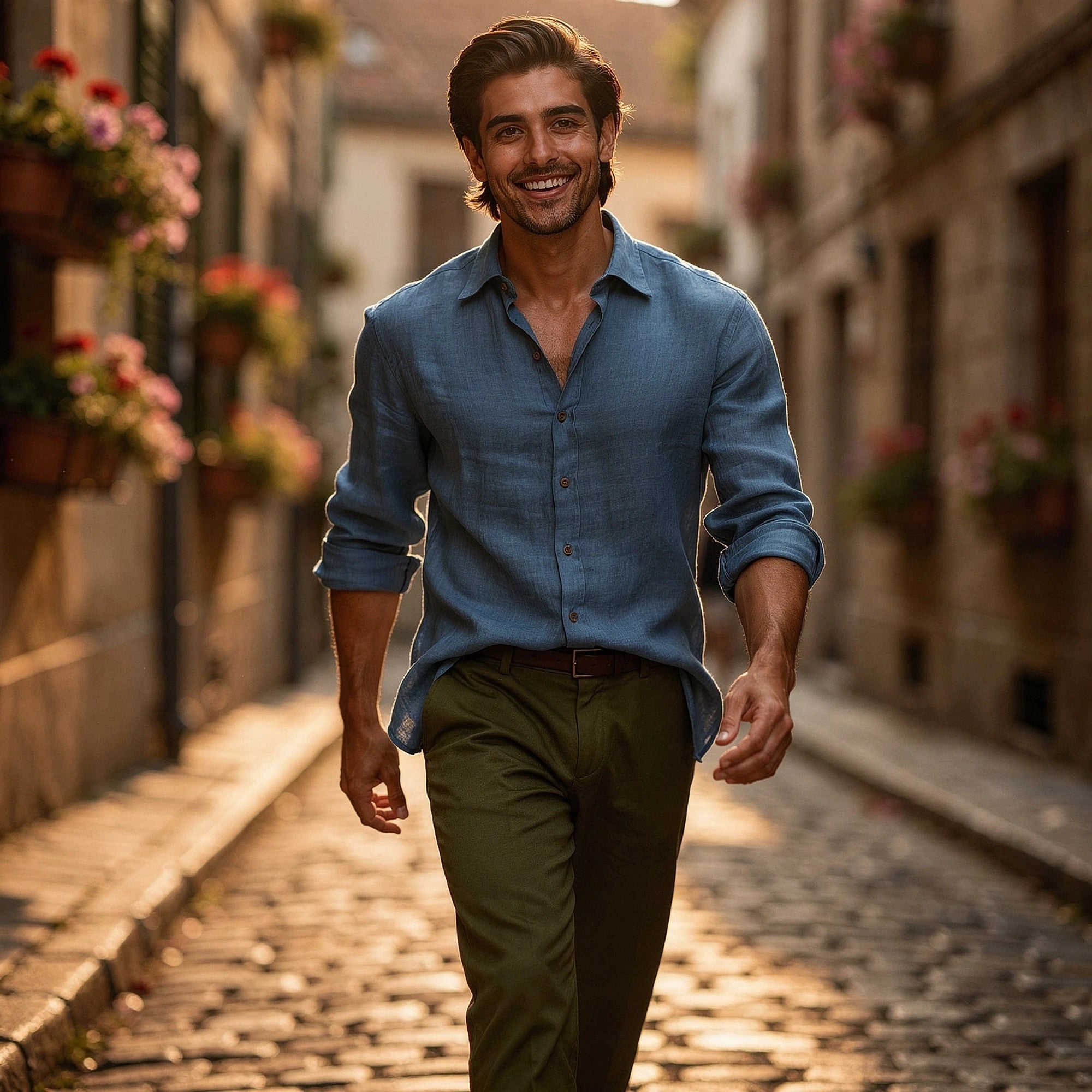 View of a light blue vintage button up shirt made from soft cotton, featuring a classic collar and subtle texture
