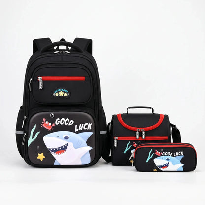 Stylish oxford school backpack set in navy blue with multiple compartments, padded straps, and a textured finish, view