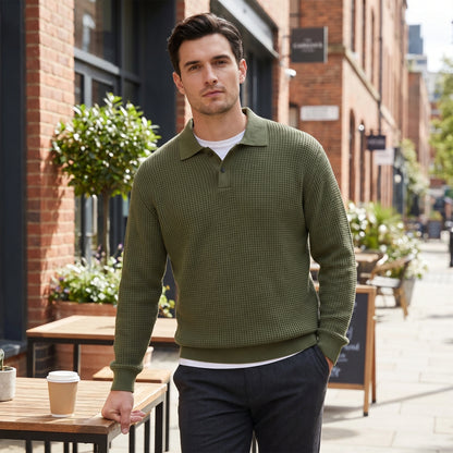 Close up of the Mens Sophisticated Knit Polo Sweater showing the textured fabric and refined stitching, showing its design and quality craftsmanship.