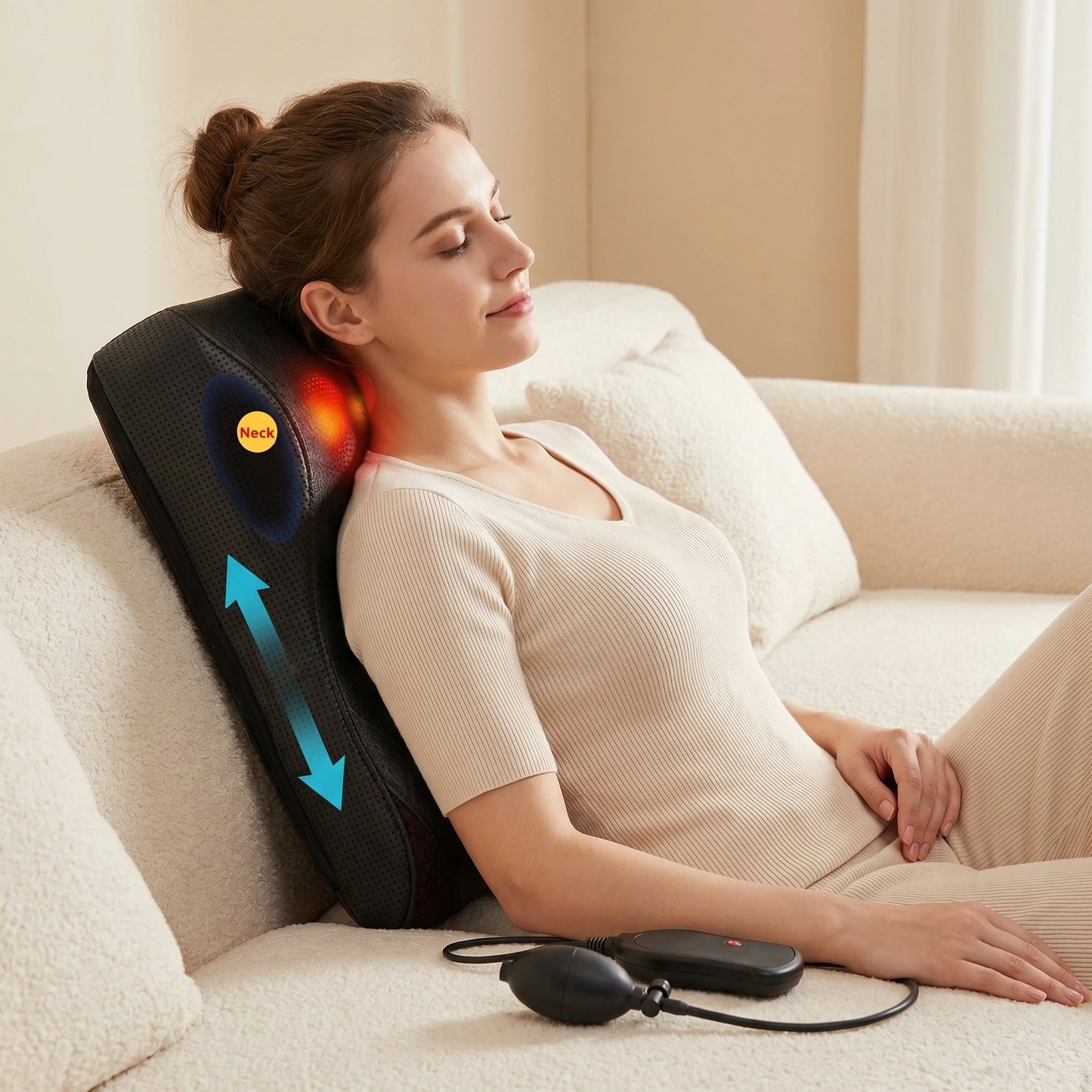 Close up view of the soft, durable fabric and intricate stitching of the Soothing Adjustable Shiatsu Massage Pillow, showing its quality and comfort features.