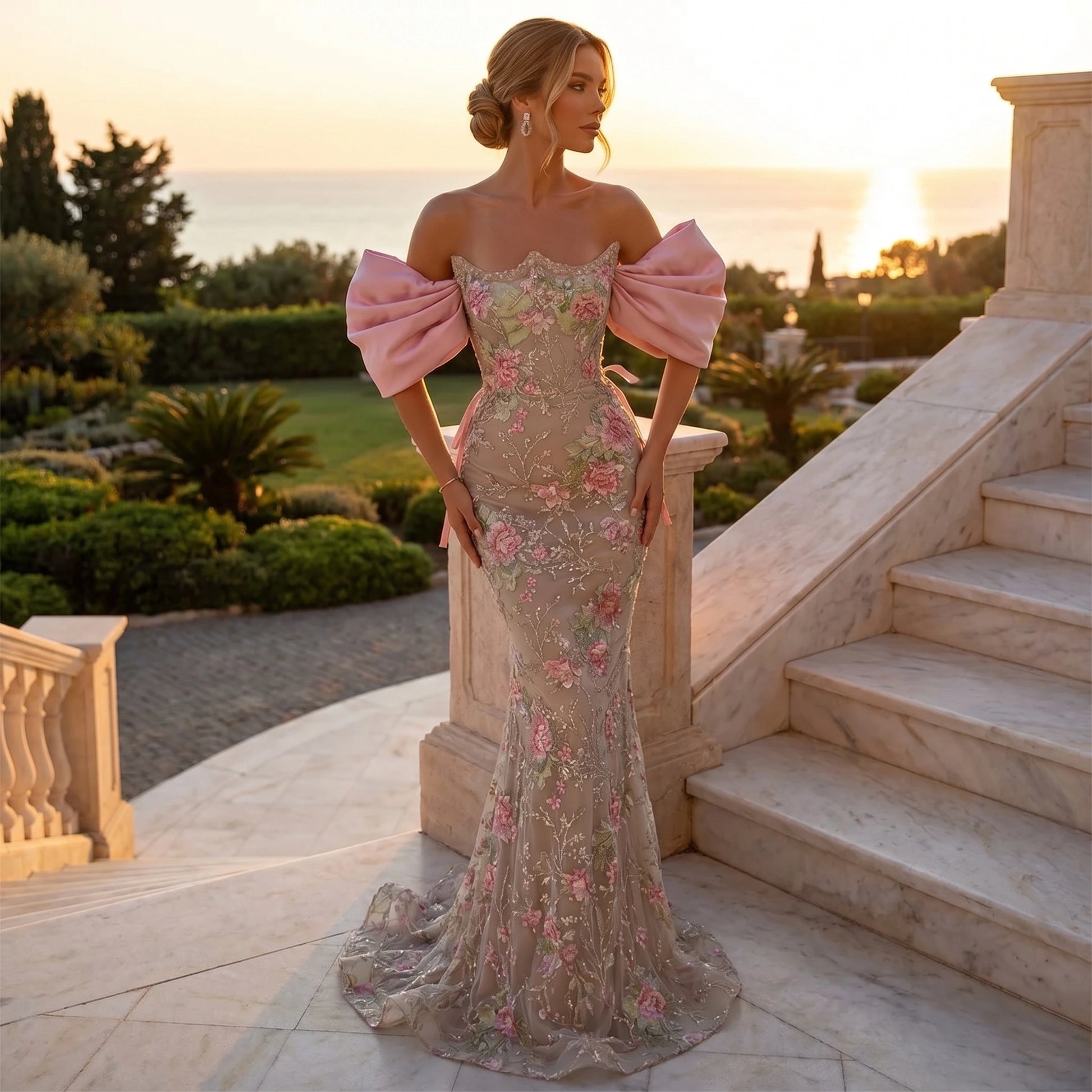 Model showcases a stunning women's sparkly evening gown in a rich navy blue, showing a fitted silhouette and flowing skirt against a soft, neutral backdrop.