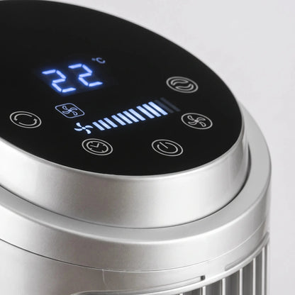 Of the fan's intuitive touchscreen control panel showcasing adjustable speed settings and Wi Fi connectivity options