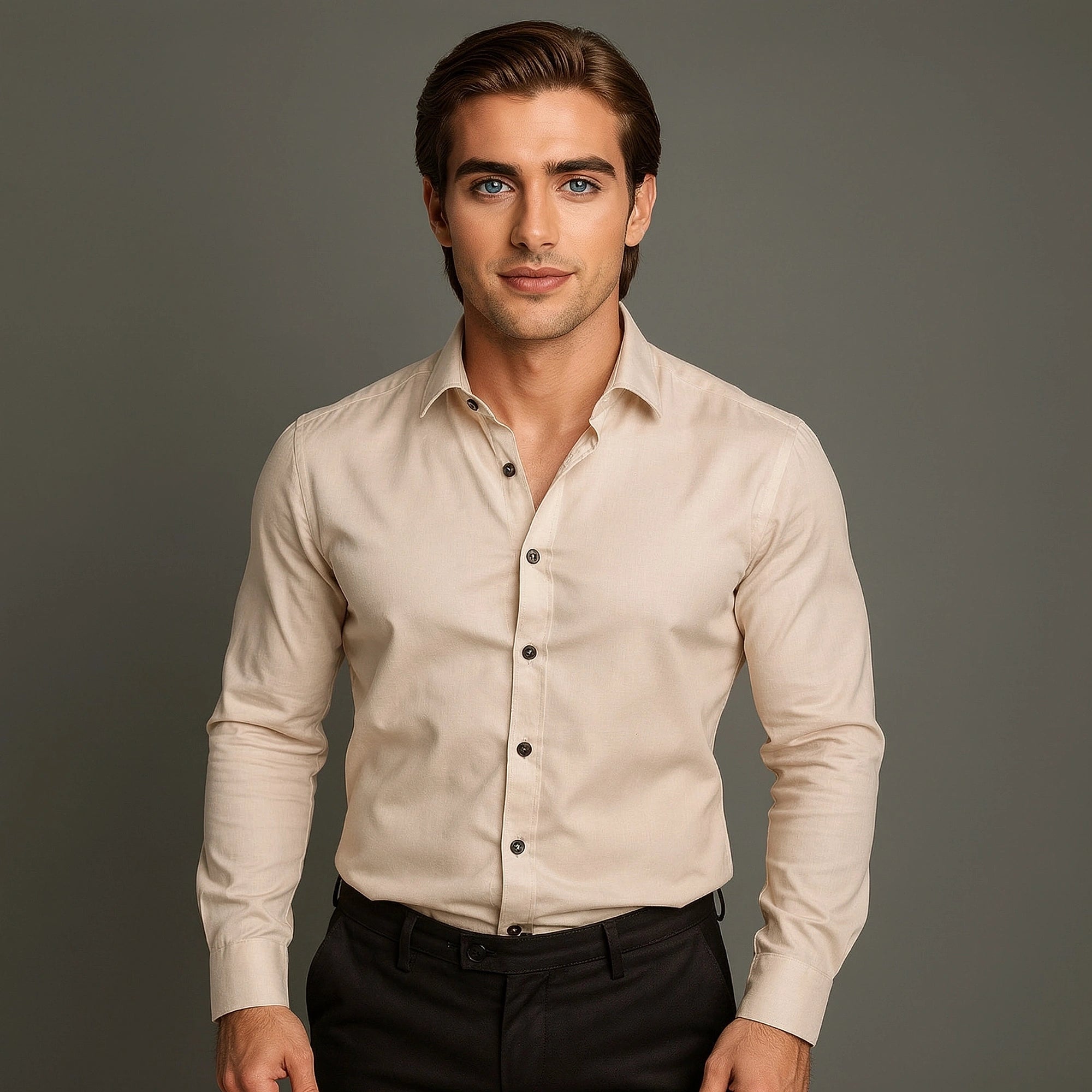 View of a tailored modern everyday shirt in light blue, featuring a crisp collar and subtle texture