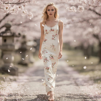 Elegant bodycon maxi dress featuring a vibrant floral print, view highlighting the soft fabric and intricate details