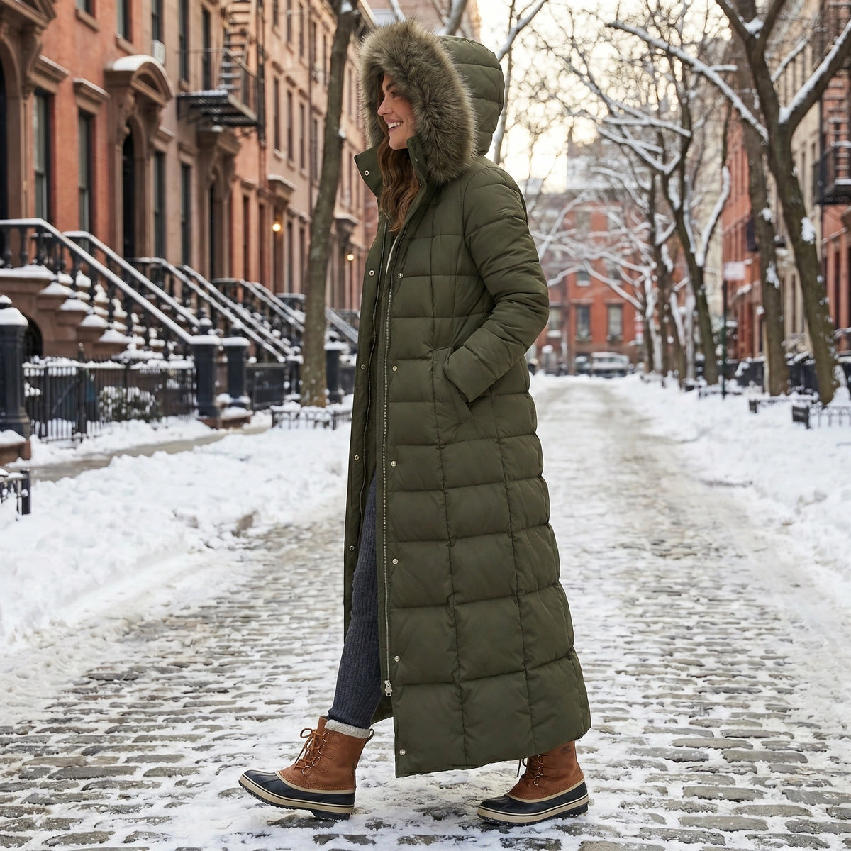 Close up view of the Womens Quilted Winter Jacket showing its luxurious fabric texture, intricate stitching, and quilted design in a sophisticated color.