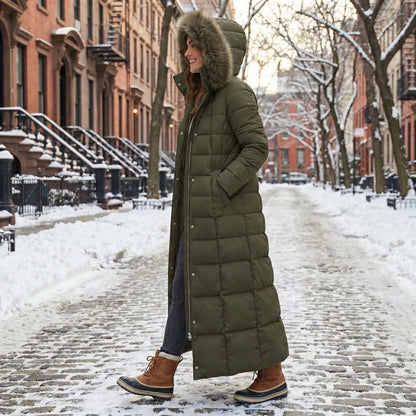 Close up view of the Womens Quilted Winter Jacket showing its luxurious fabric texture, intricate stitching, and quilted design in a sophisticated color.