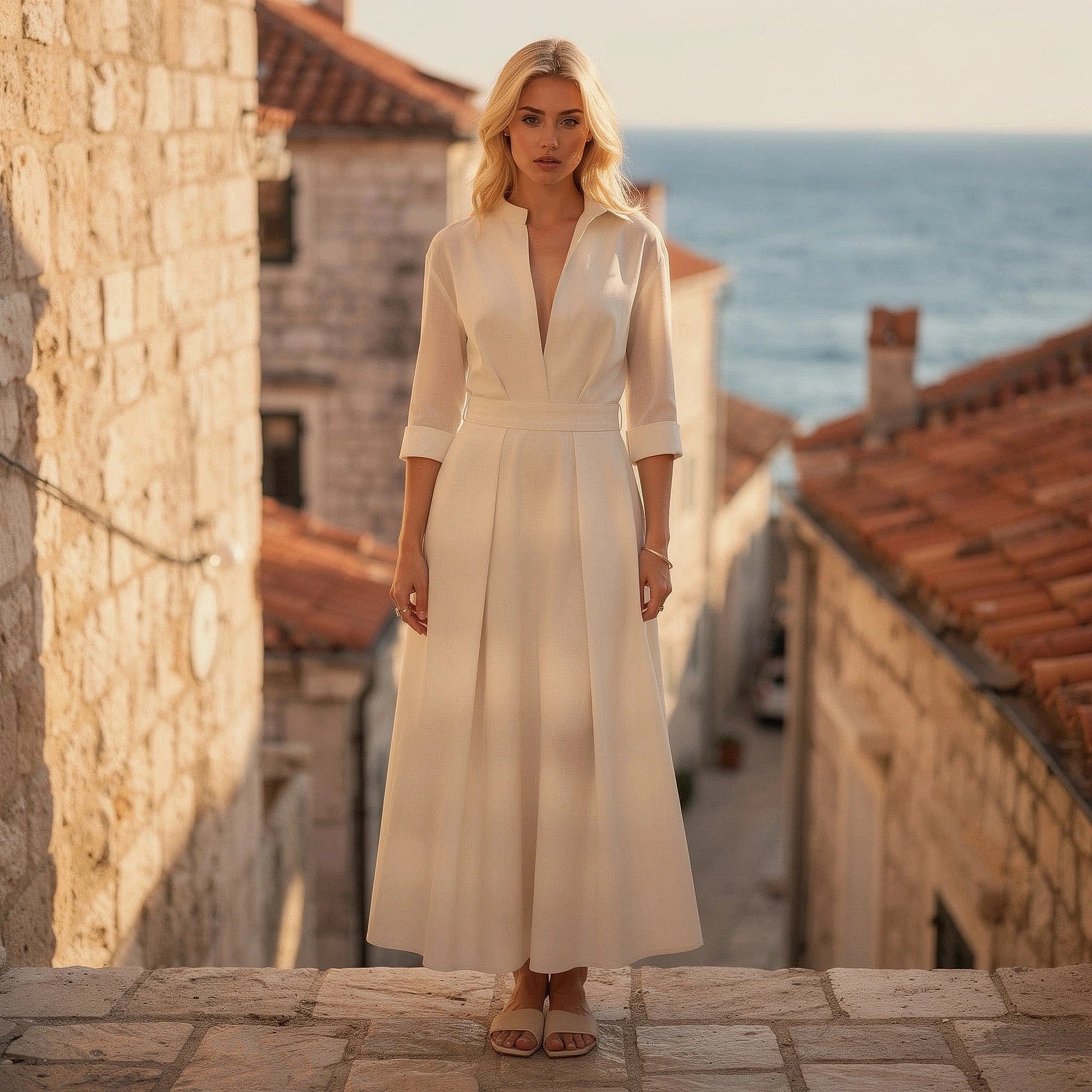 View of a flowing midi dress in soft fabric, featuring a button and a relaxed fit in a light pastel color