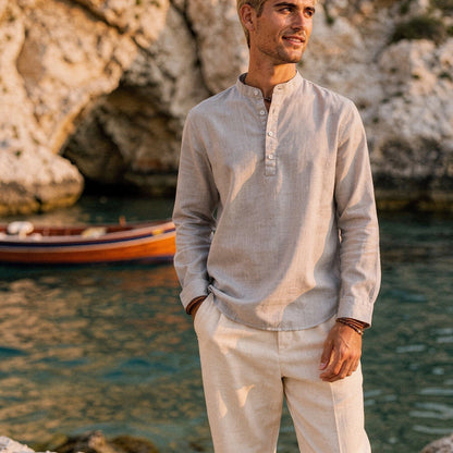 Lightweight casual henley shirt in light gray, featuring a three button placket and long sleeves, view
