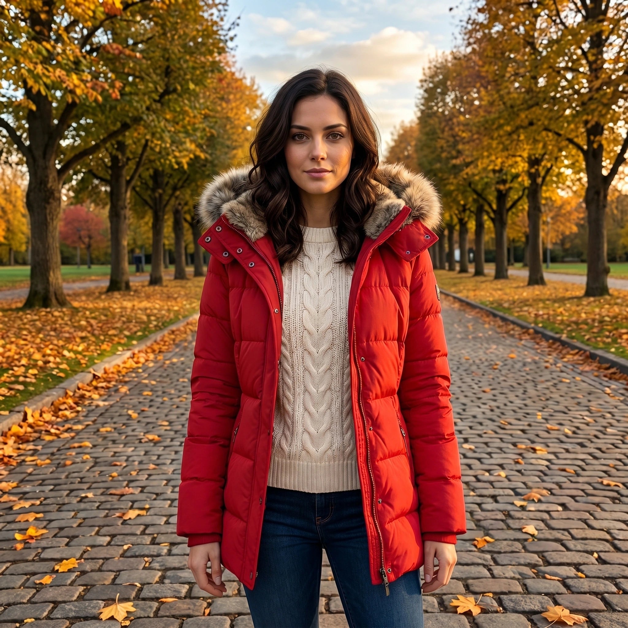 Close up view of the Womens Fitted Winter Puffer Jacket showing the sleek fabric texture and detailed stitching against a soft neutral background.