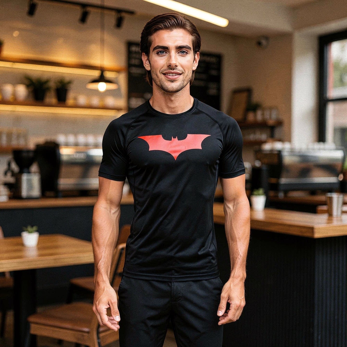 View of a tight fitting men's athletic compression running tee in black, made from moisture wicking material with short sleeves