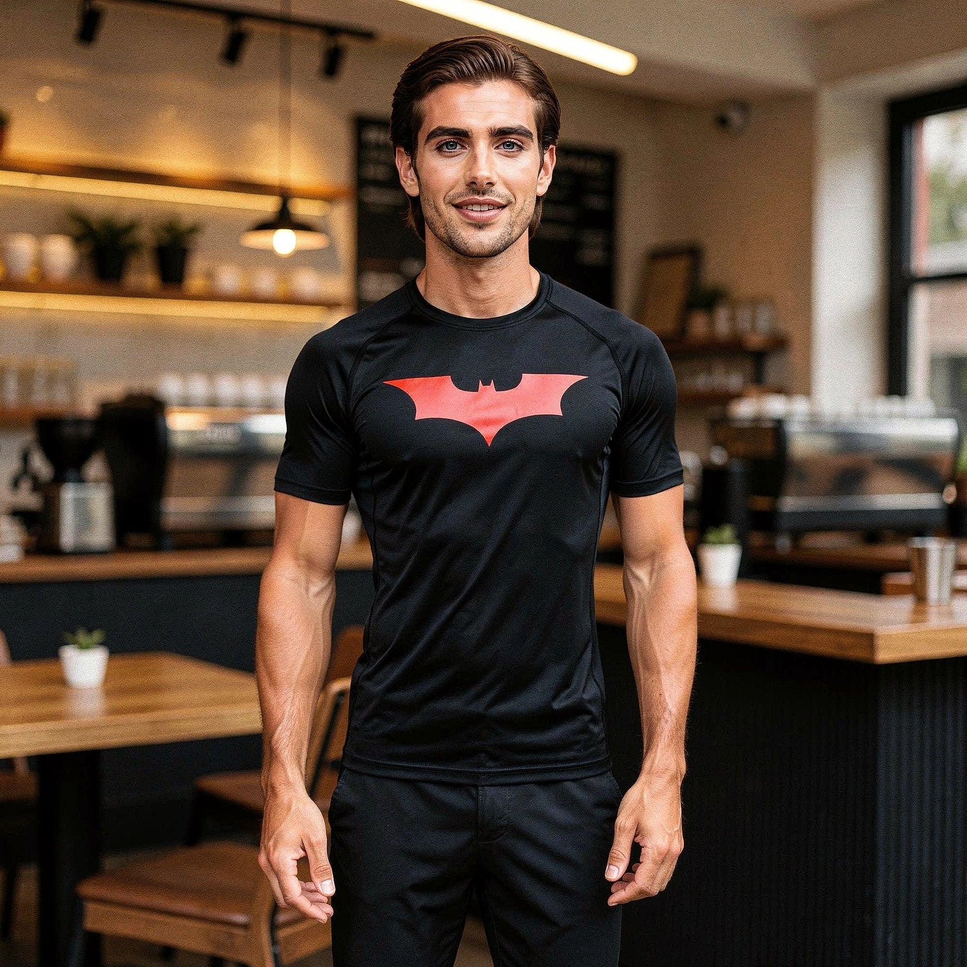 View of a tight fitting men's athletic compression running tee in black, made from moisture wicking material with short sleeves