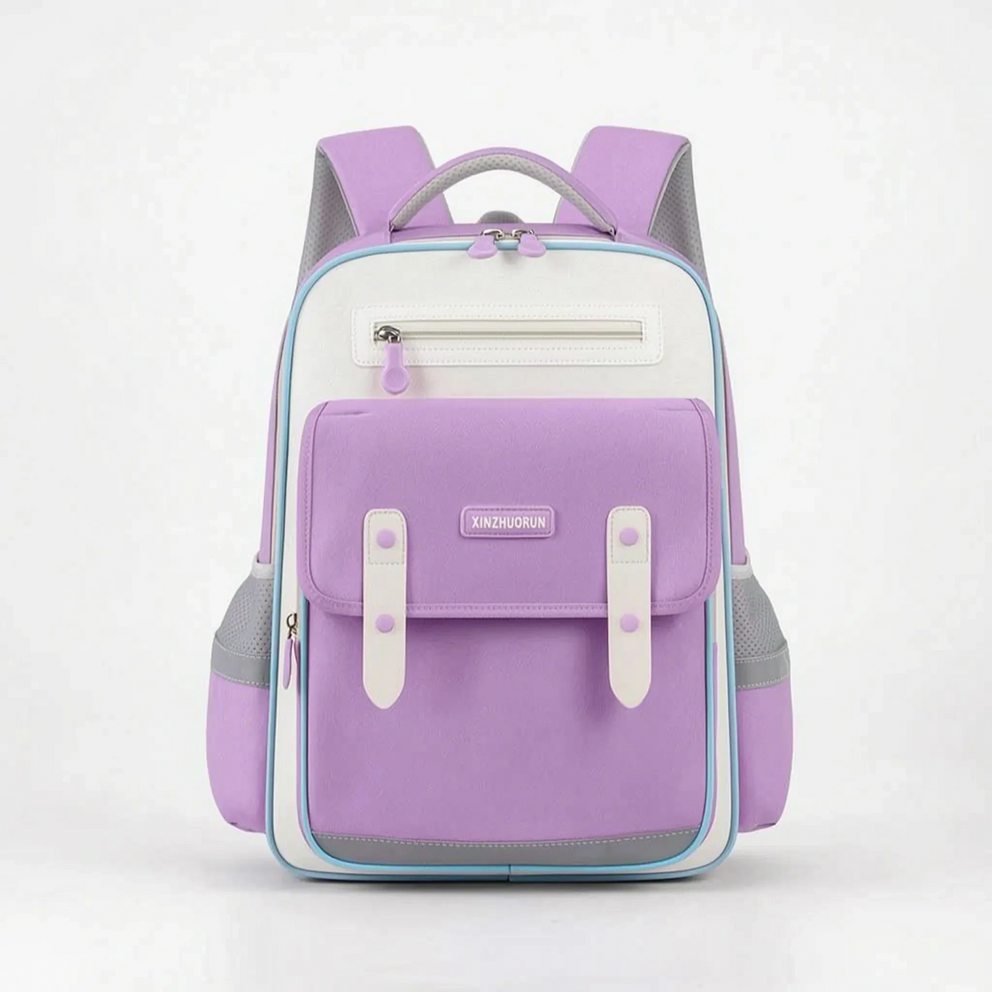 View of a stylish molded nylon school backpack for kids, featuring a vibrant blue color and comfortable padded straps