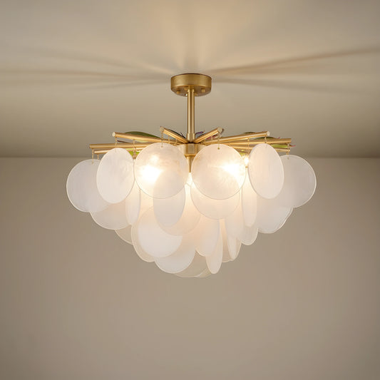 A full front view of the Layered Glass Chandelier, showing its design and sculptural glow, ideal for contemporary dining rooms.