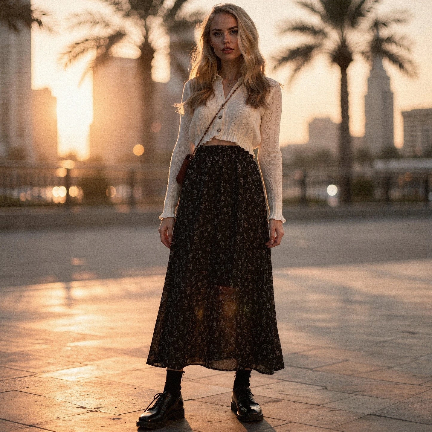 View of a romantic flowy midi skirt in soft pastel colors, featuring a lightweight fabric and delicate floral patterns