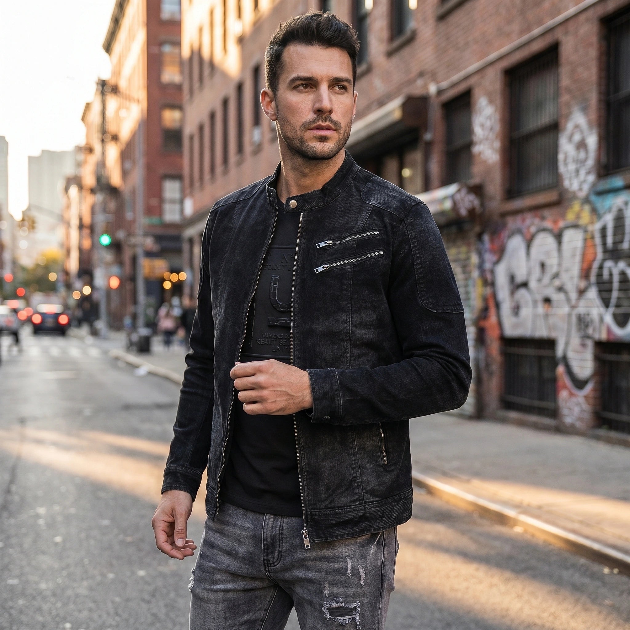 Close up view of the Mens Urban Casual Jacket showing the premium fabric texture, detailed stitching, and modern design elements against a neutral background.