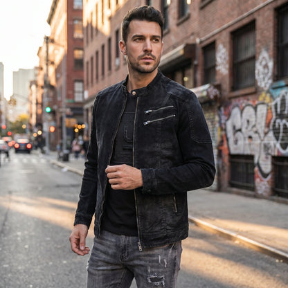 Close up view of the Mens Urban Casual Jacket showing the premium fabric texture, detailed stitching, and modern design elements against a neutral background.
