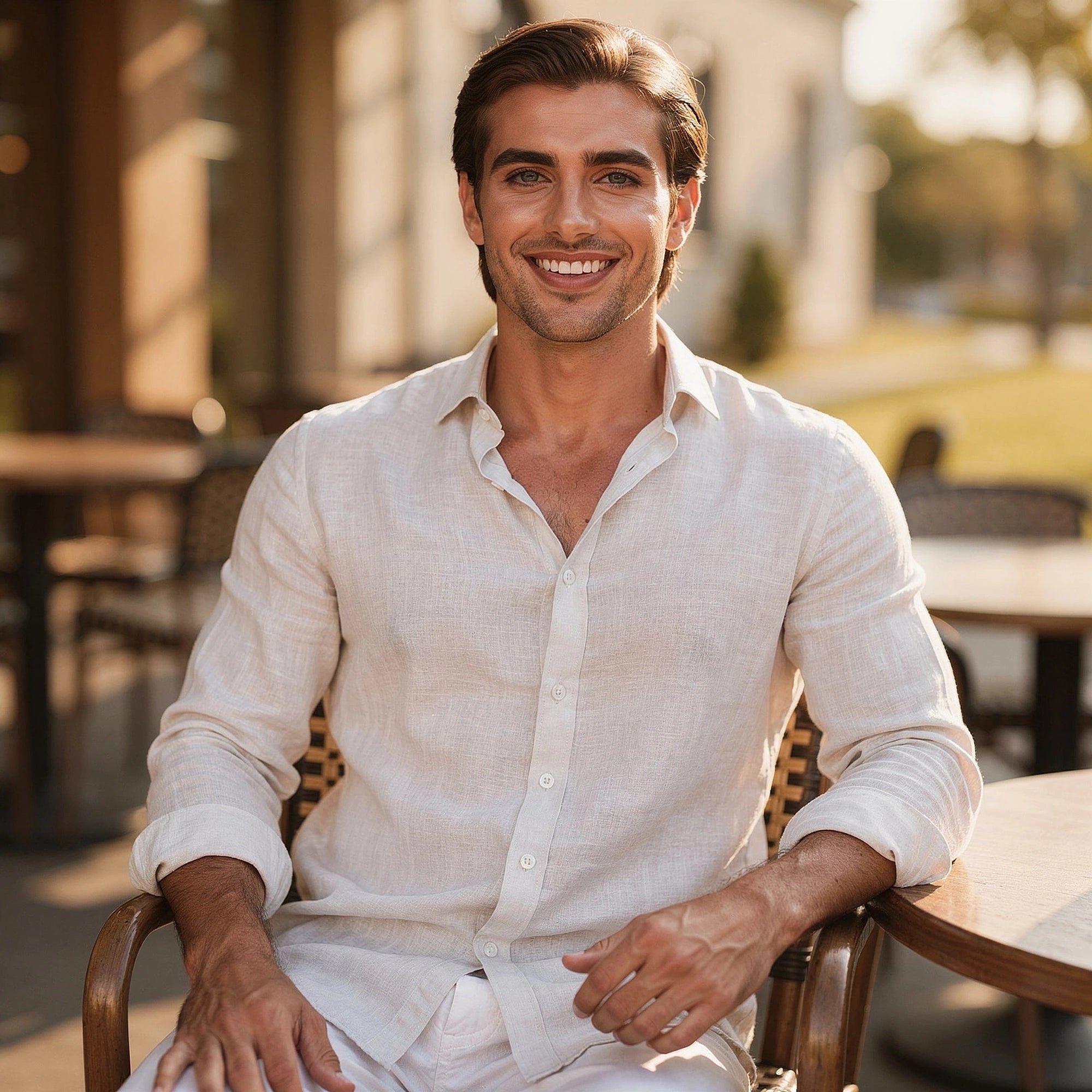 View of a casual relaxed button up shirt in light blue, featuring a soft cotton fabric and a classic collar