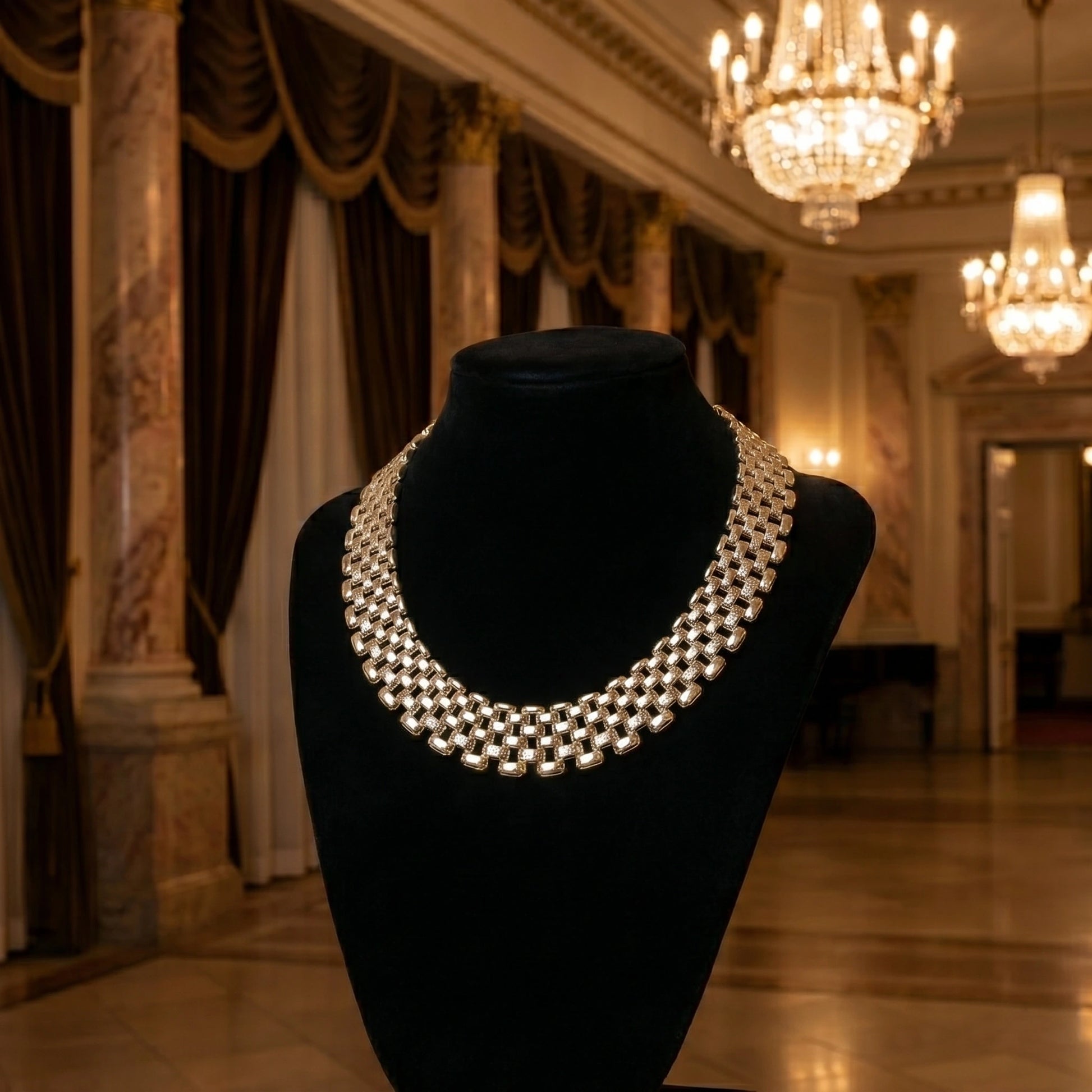 Close up view of the Womens Bold Statement Necklace showing intricate detailing and luxurious fabric, perfect for adding glamour to any outfit.