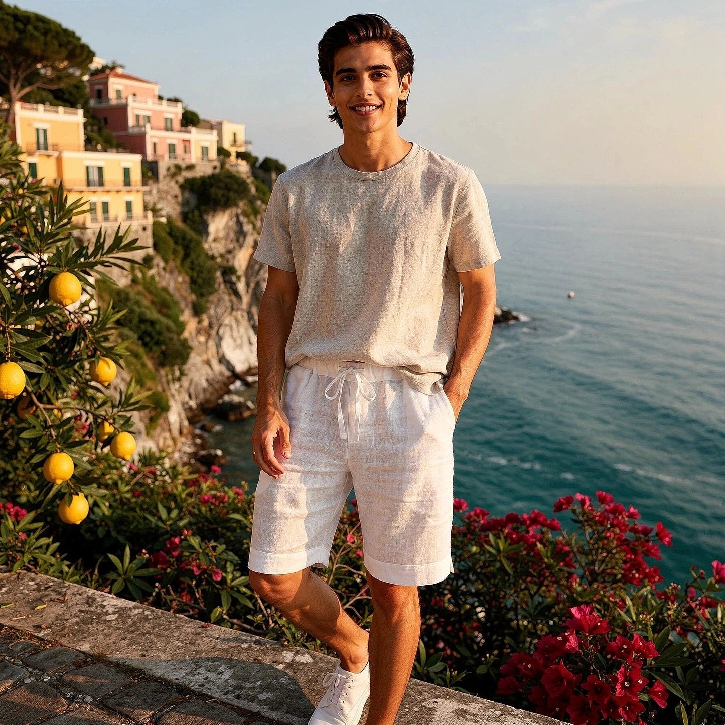 View of light gray breathable linen short pants with an elastic waistband and pockets