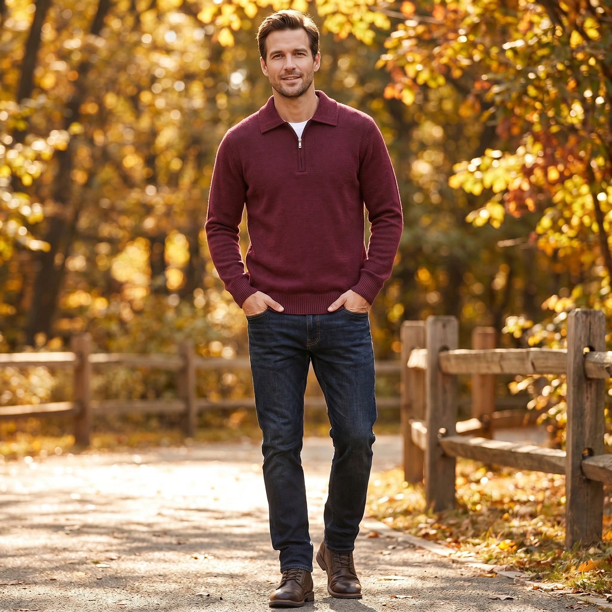 Close up view of the soft fabric and detailed stitching of the men's relaxed quarter zip sweater in a rich navy color, showing its quality craftsmanship.
