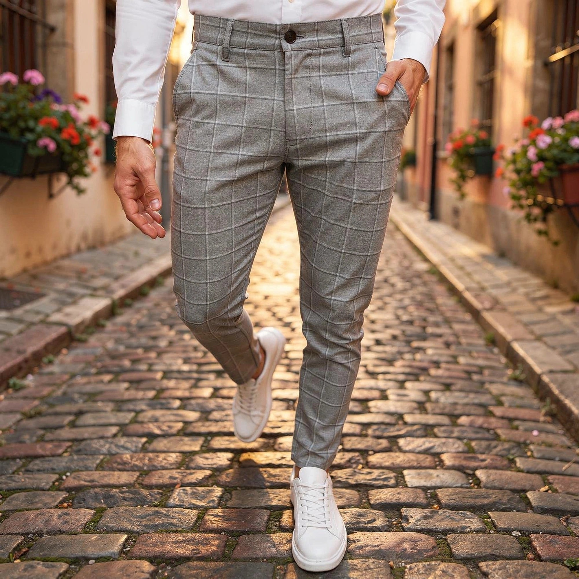 View of modern tailored tapered trousers in charcoal gray fabric, featuring a sleek waistband and pockets